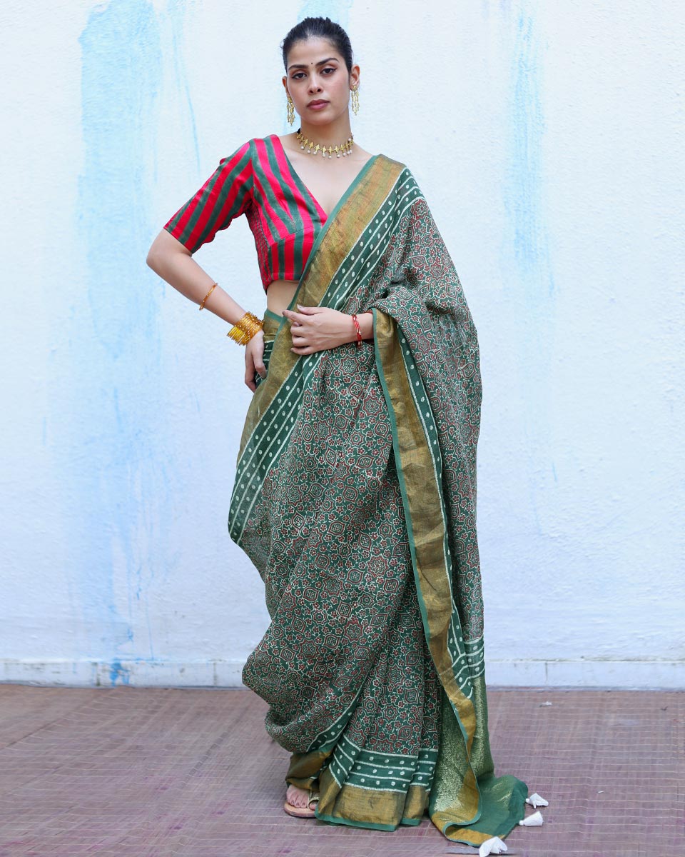 Deepti Green Handblock Print Linen Saree - RSH