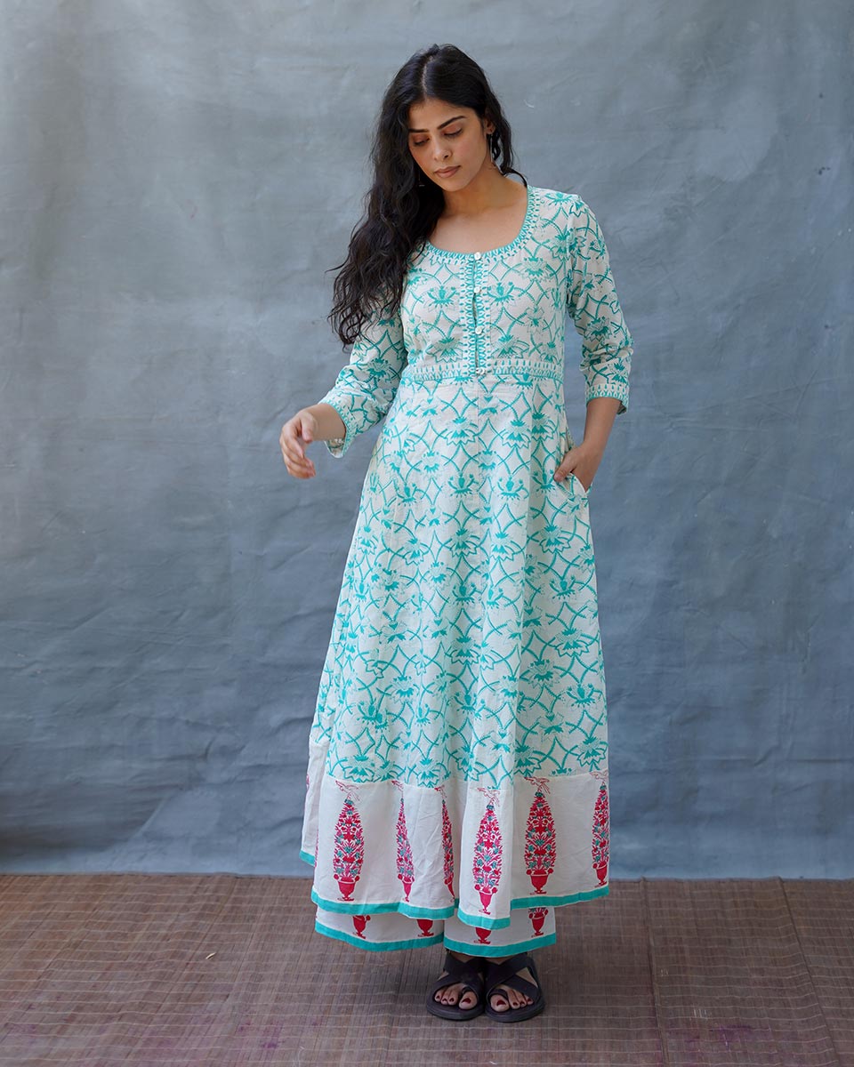 Chamomile’s Calm Teal Green Block Printed Cotton Dress - MMG