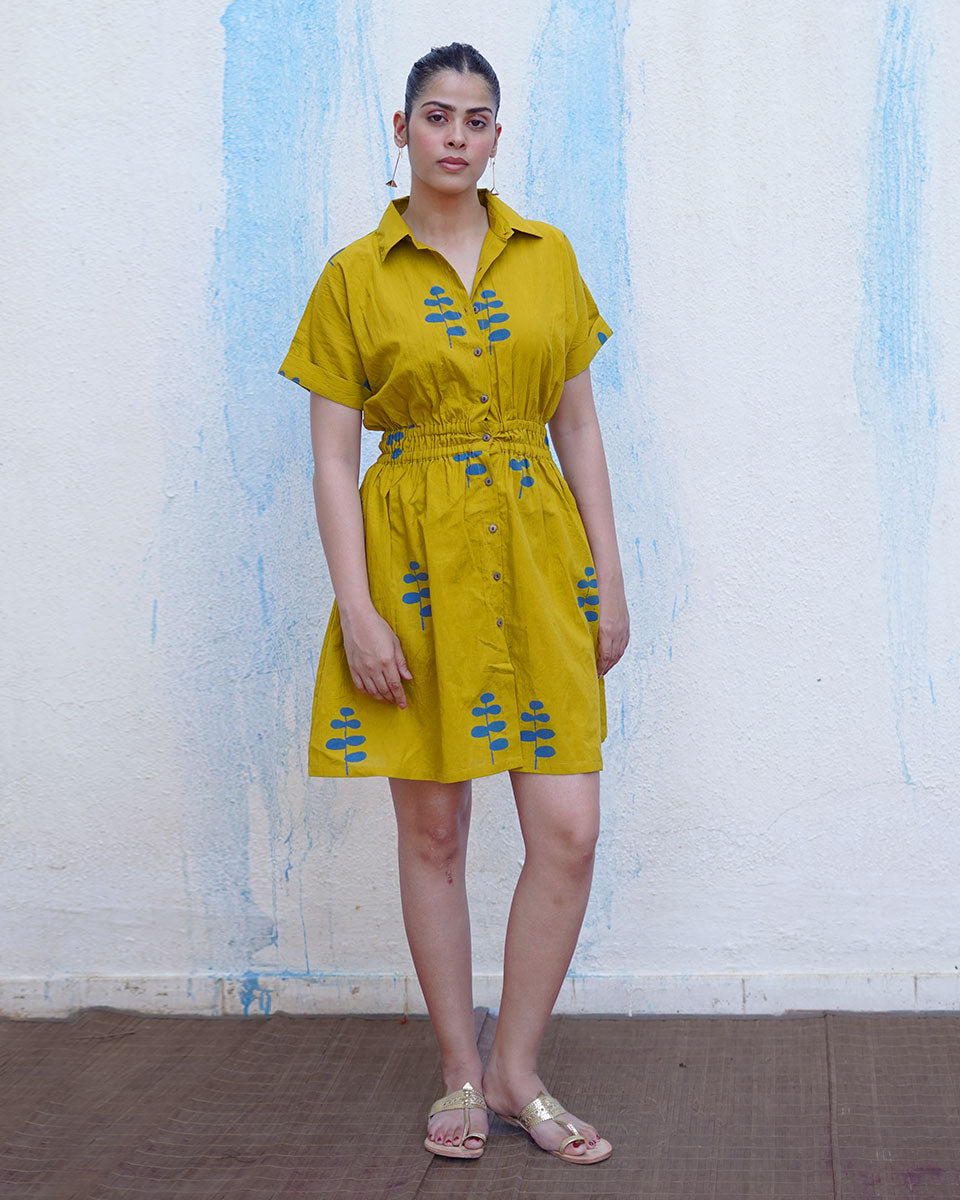Chanchal Mustard Yellow Handblock Print Cotton Dress - BFG