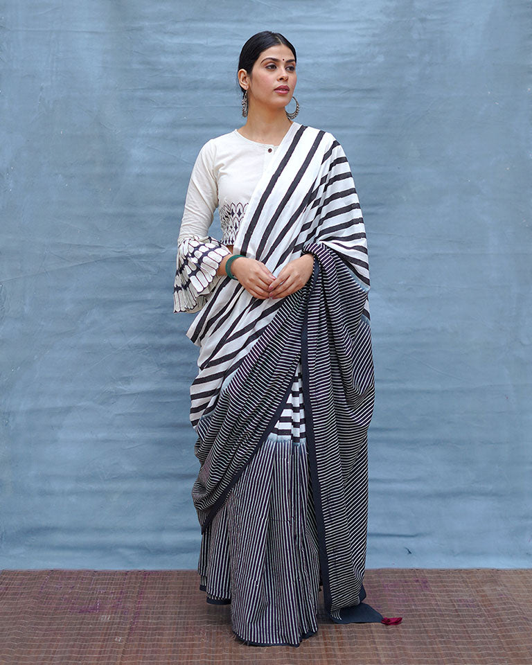 Black or White Handblock Print Cotton Saree - M&M