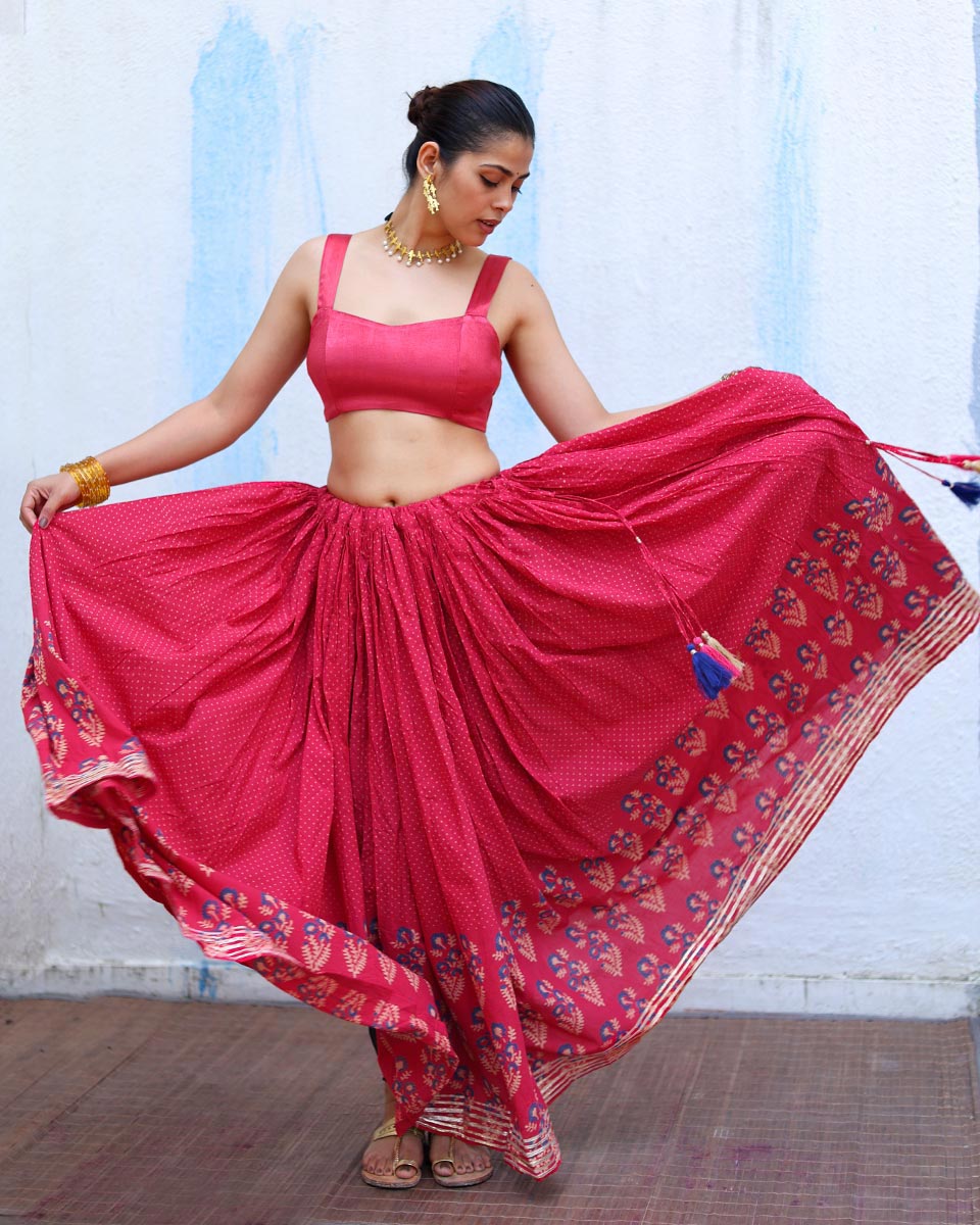 Chamak Pink Handblock Print Cotton Ghagra - RSH