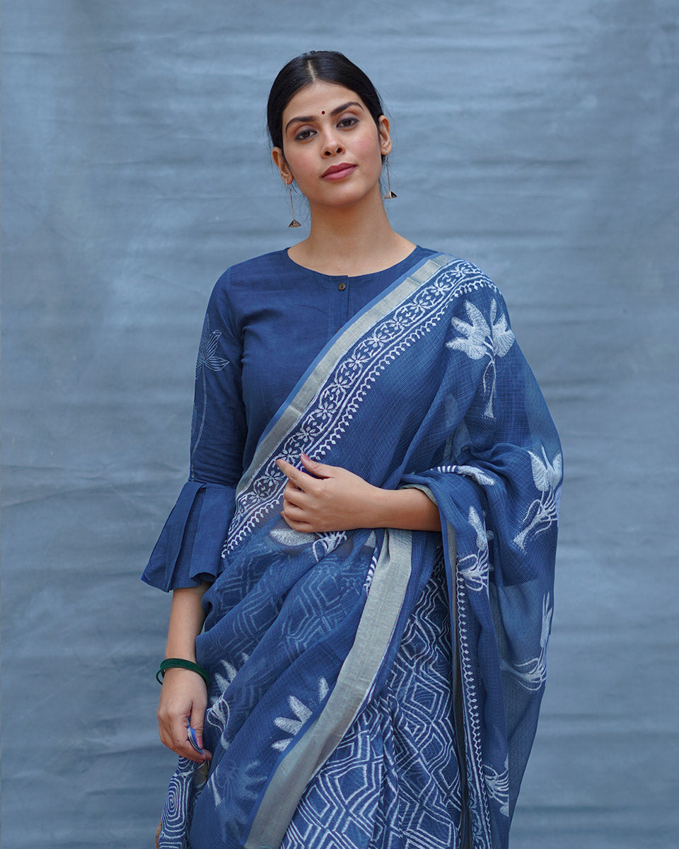 Midnight Sky Blue Block Printed Kota Doria Saree - INDI