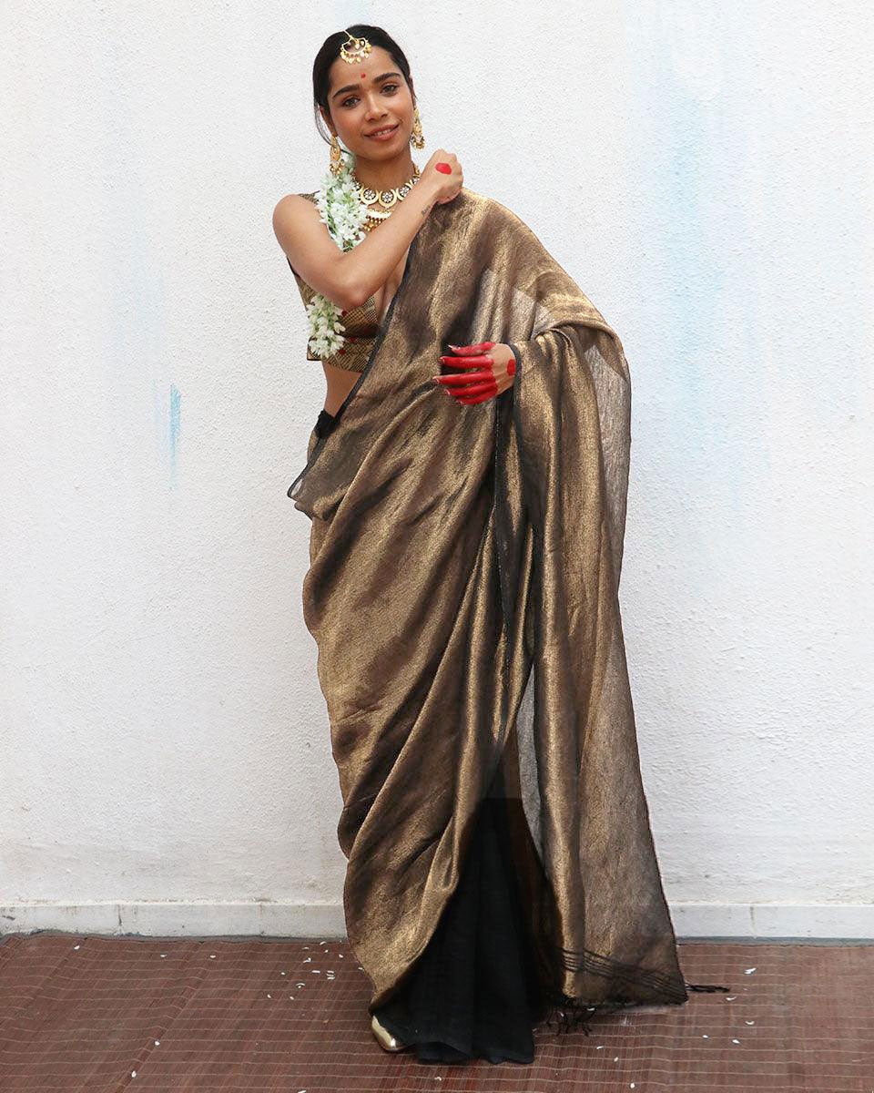 Mrinal Brown Handwoven Linen Zari Saree