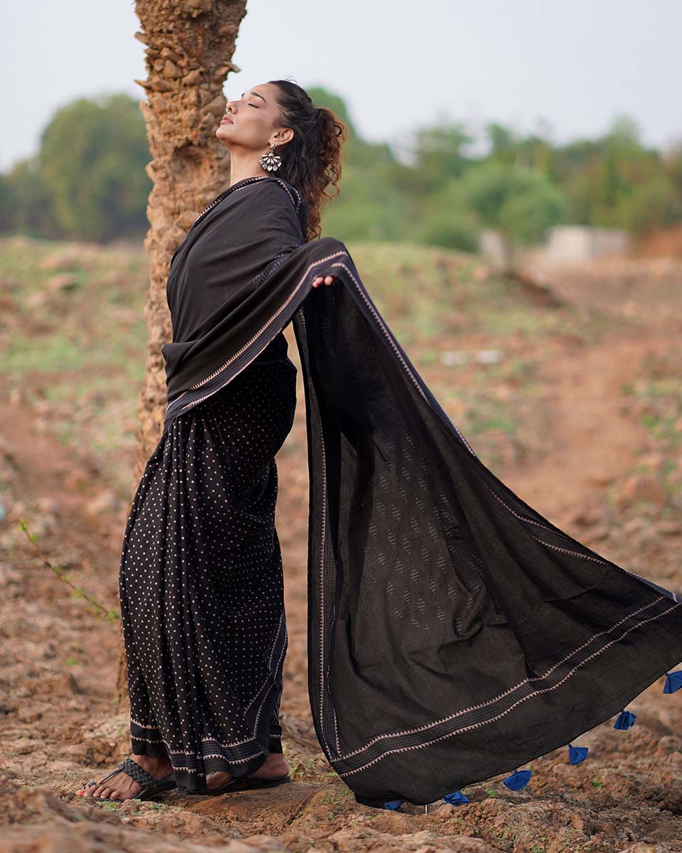 Sweet Jasmine Blockprinted Cotton Saree-WWB