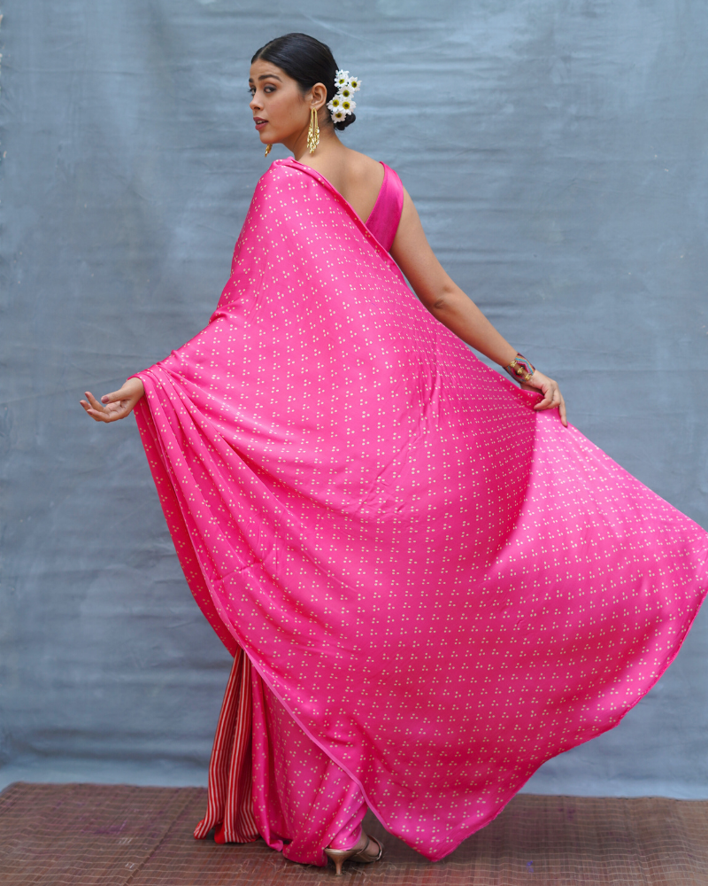 Light Sway Pink With Red Handblock Print Modal Silk Saree - Flow