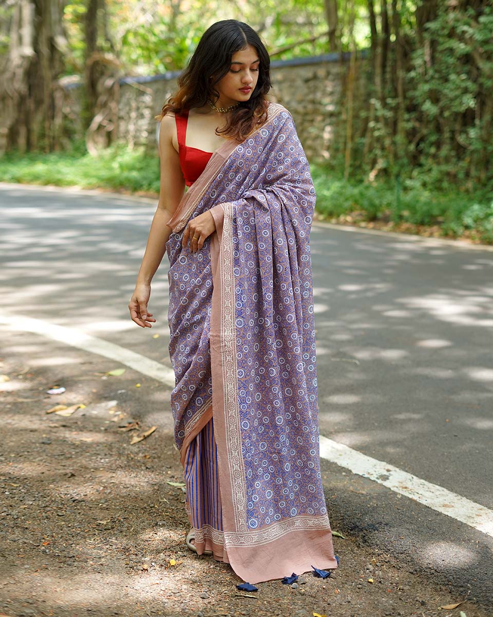 Lavendar Lolly Handblock Print Cotton Saree - PBC