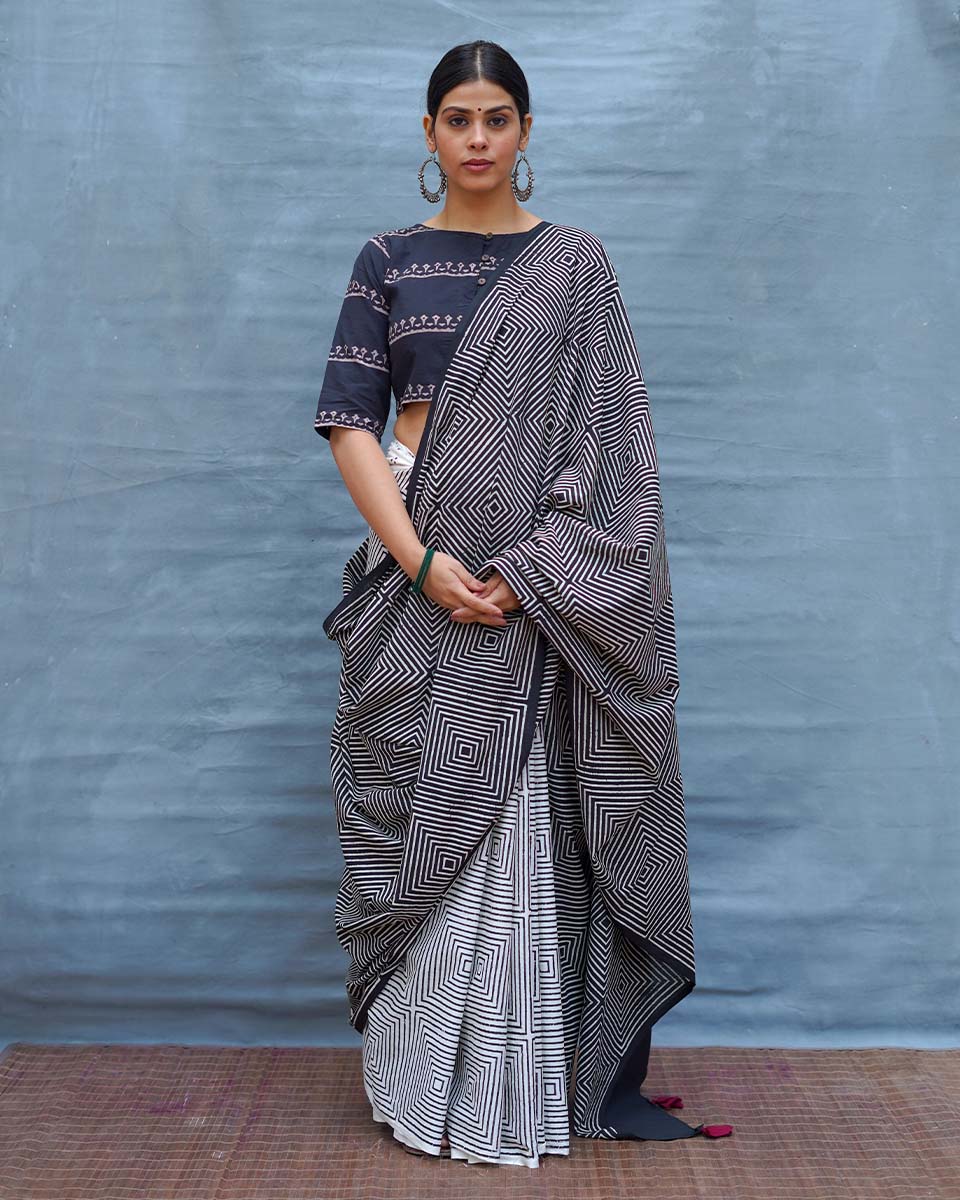 Vintage Muse Black & White Handblock Print Cotton Saree - M&M