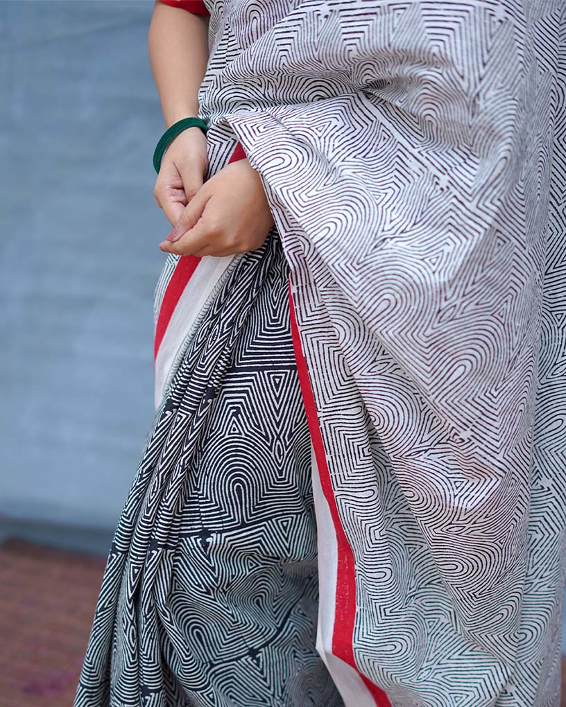 Vintage Poem Black & White Handblock Print Cotton Saree - M&M