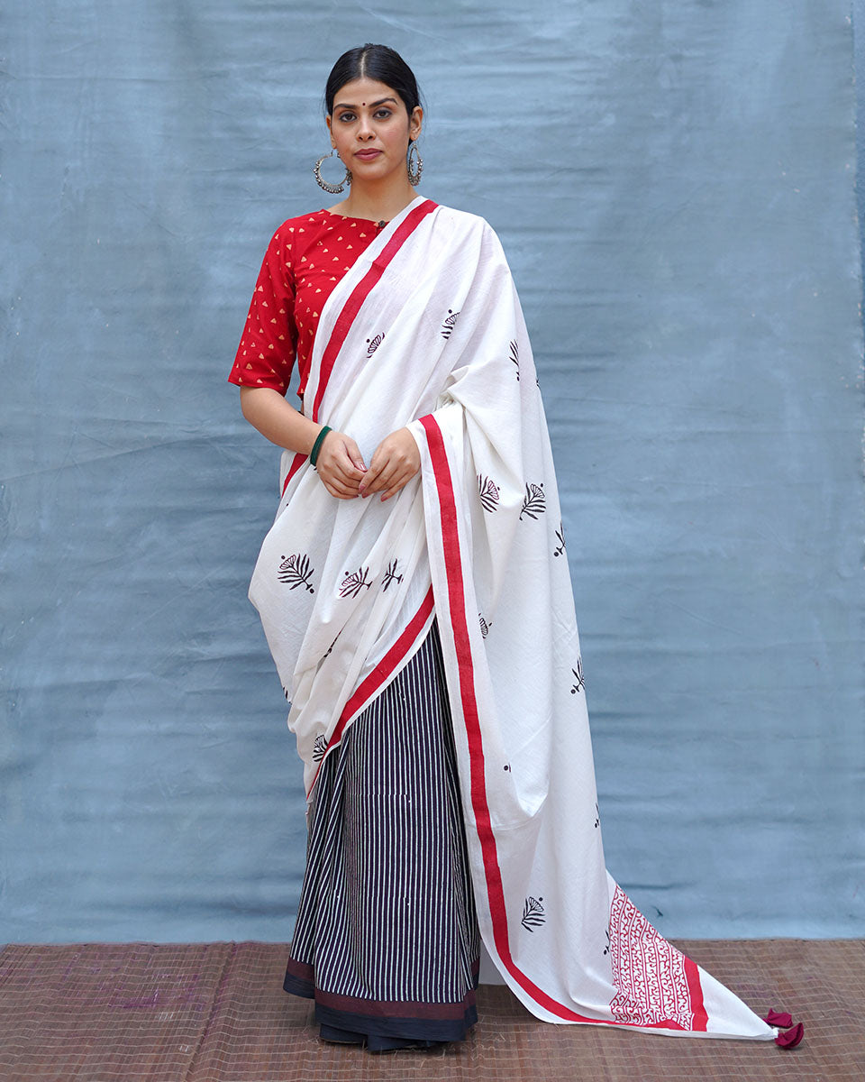 Moon & Mist Black & White Handblock Print Cotton Saree - M&M