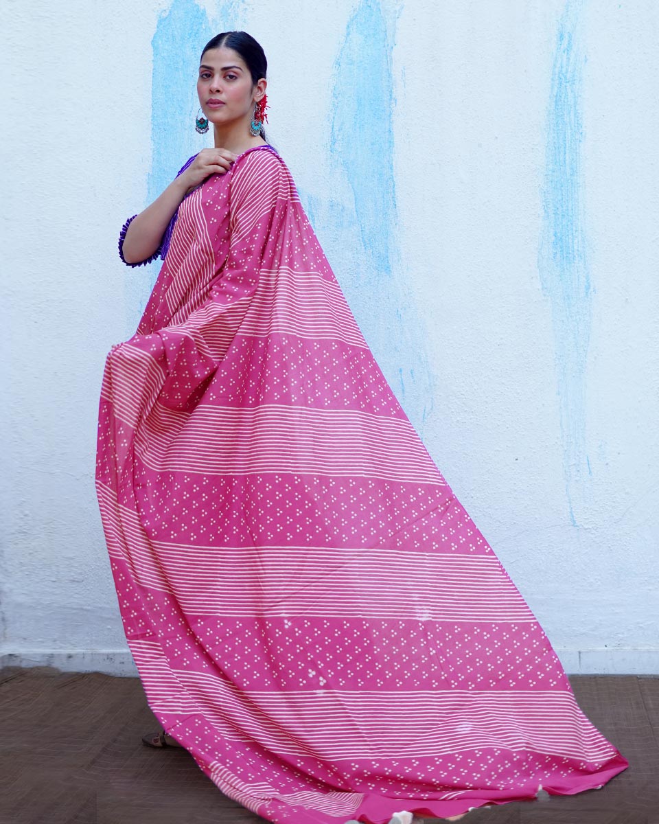 Patang Pink Handblock Print Cotton Saree - BFG