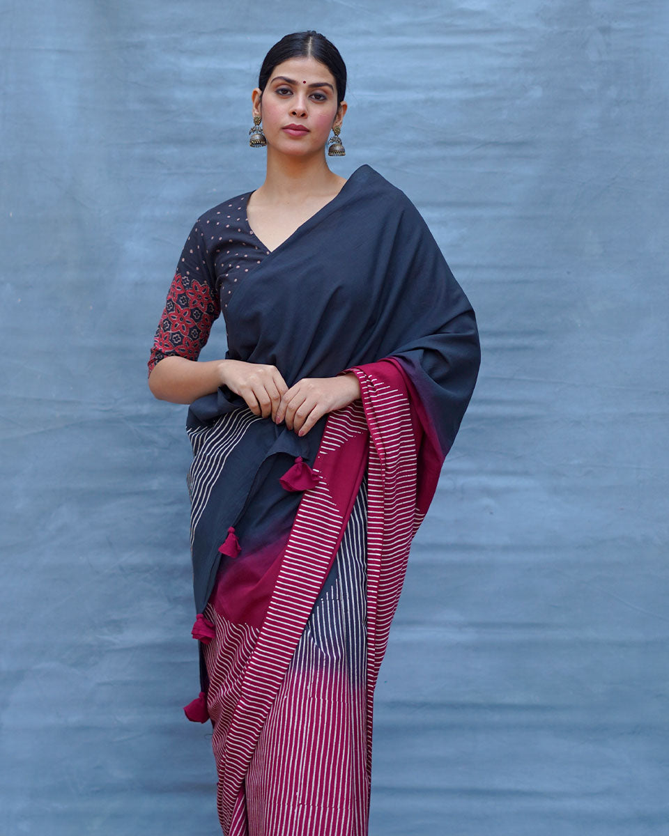 Bimala Black With Maroon Handblock Printed Cotton Saree - Soil