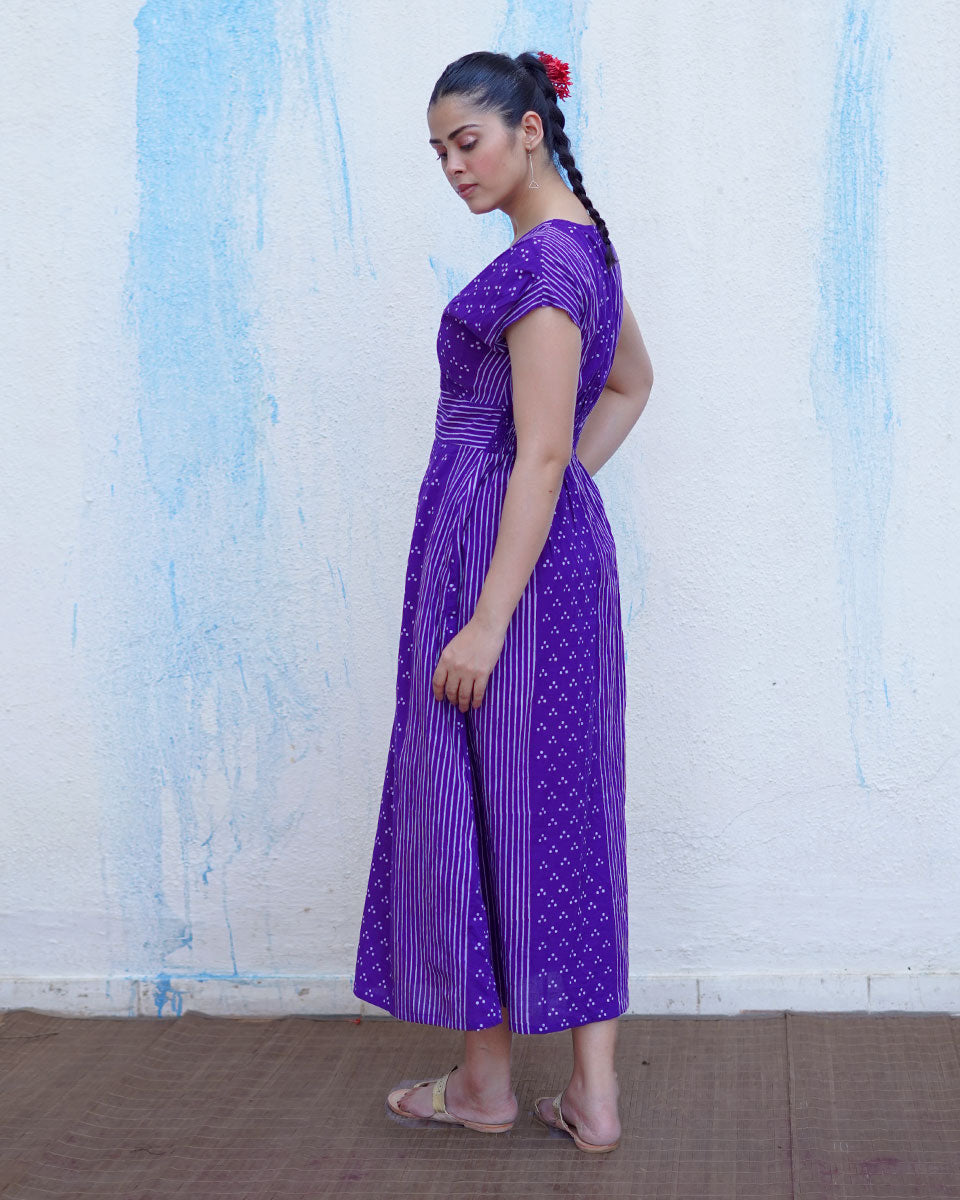 Lahari Purple Handblock Print Cotton Dress - BFG