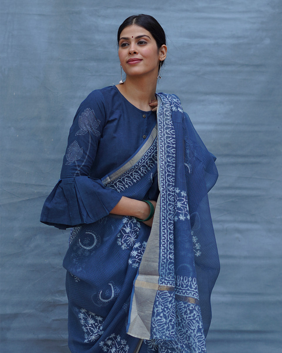 Moon water Blue Block Printed Kota Doria Saree - INDI