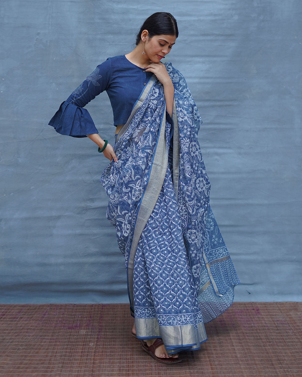 Waiting Sea Blue Block Printed Kota Doria Saree - INDI