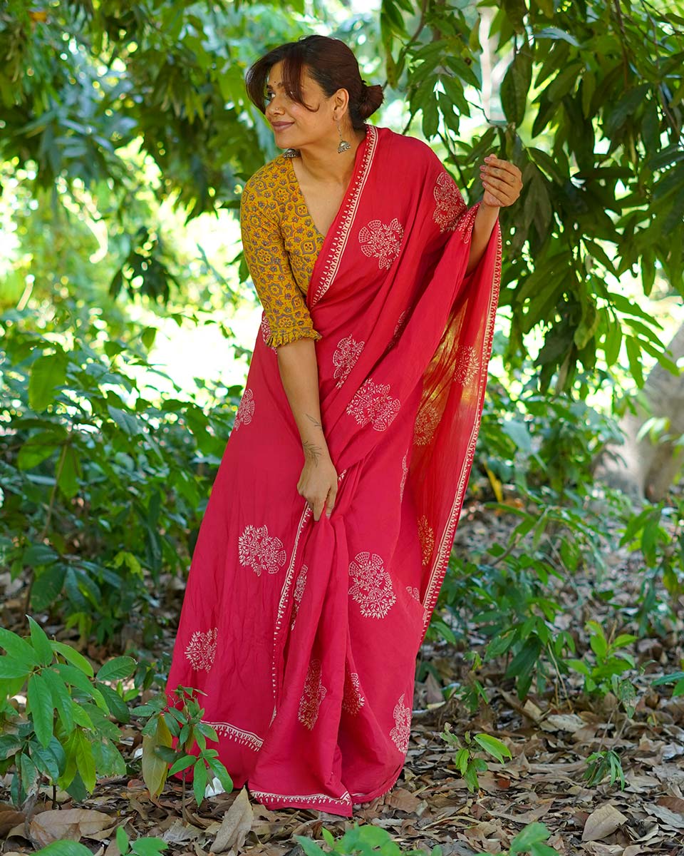 Walking Barefoot Red Hand Block Printed Cotton Saree - UMT