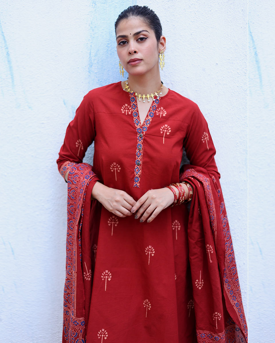 Anjuman Red Handblock Print Cotton Kurta Set - RSH