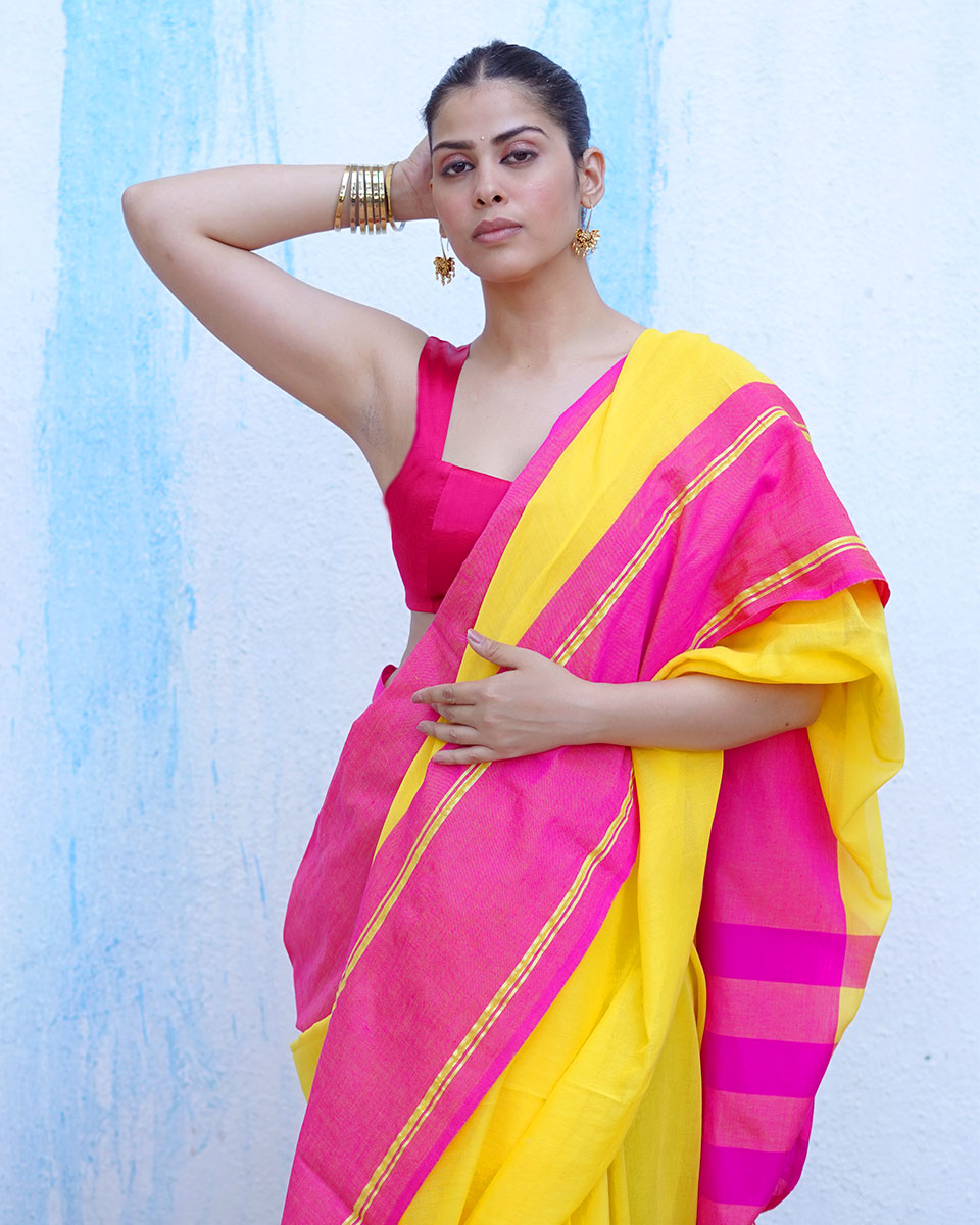 Athena Yellow With Pink Handwoven Cotton Saree - NTC