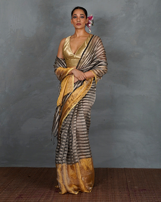 Burn Soft Silver With Black Strip Handwoven Linen Saree - TARA