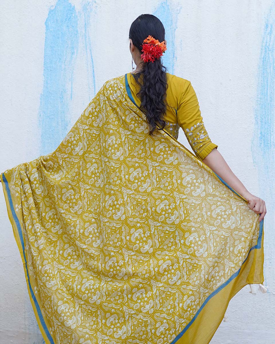 Pakhi Yellow Handblock Print Cotton Saree - BFG