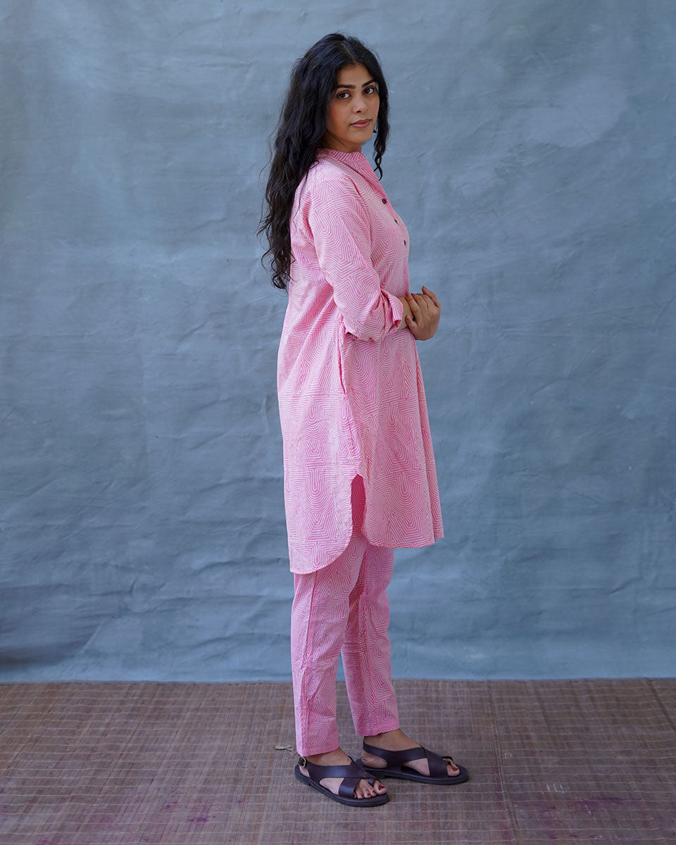Radiant Roses Blush Pink Block Printed Kurta Set - MMG