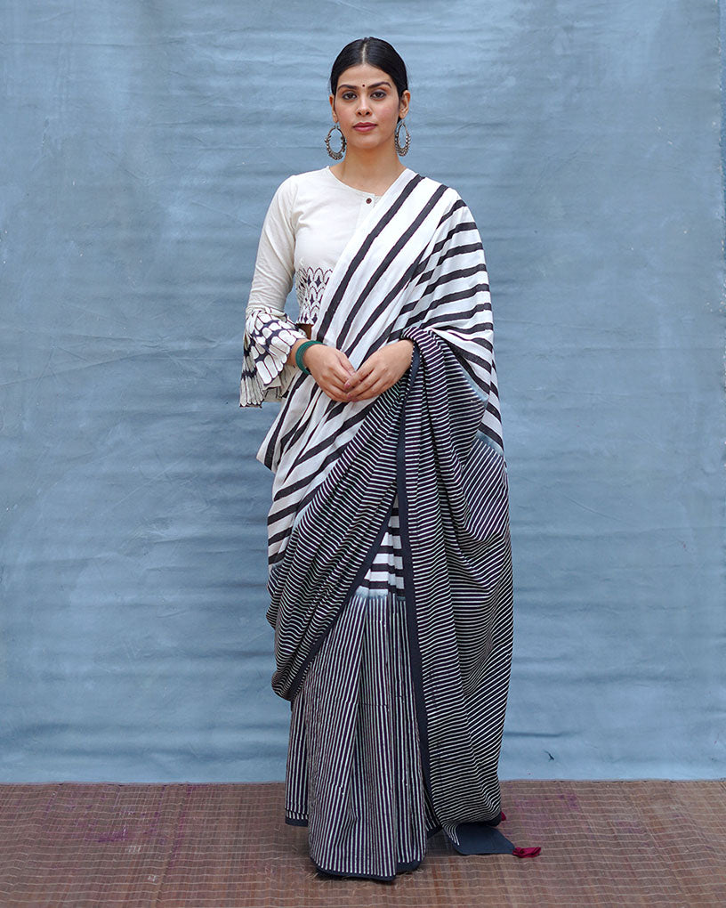 Black or White Handblock Print Cotton Saree - M&M