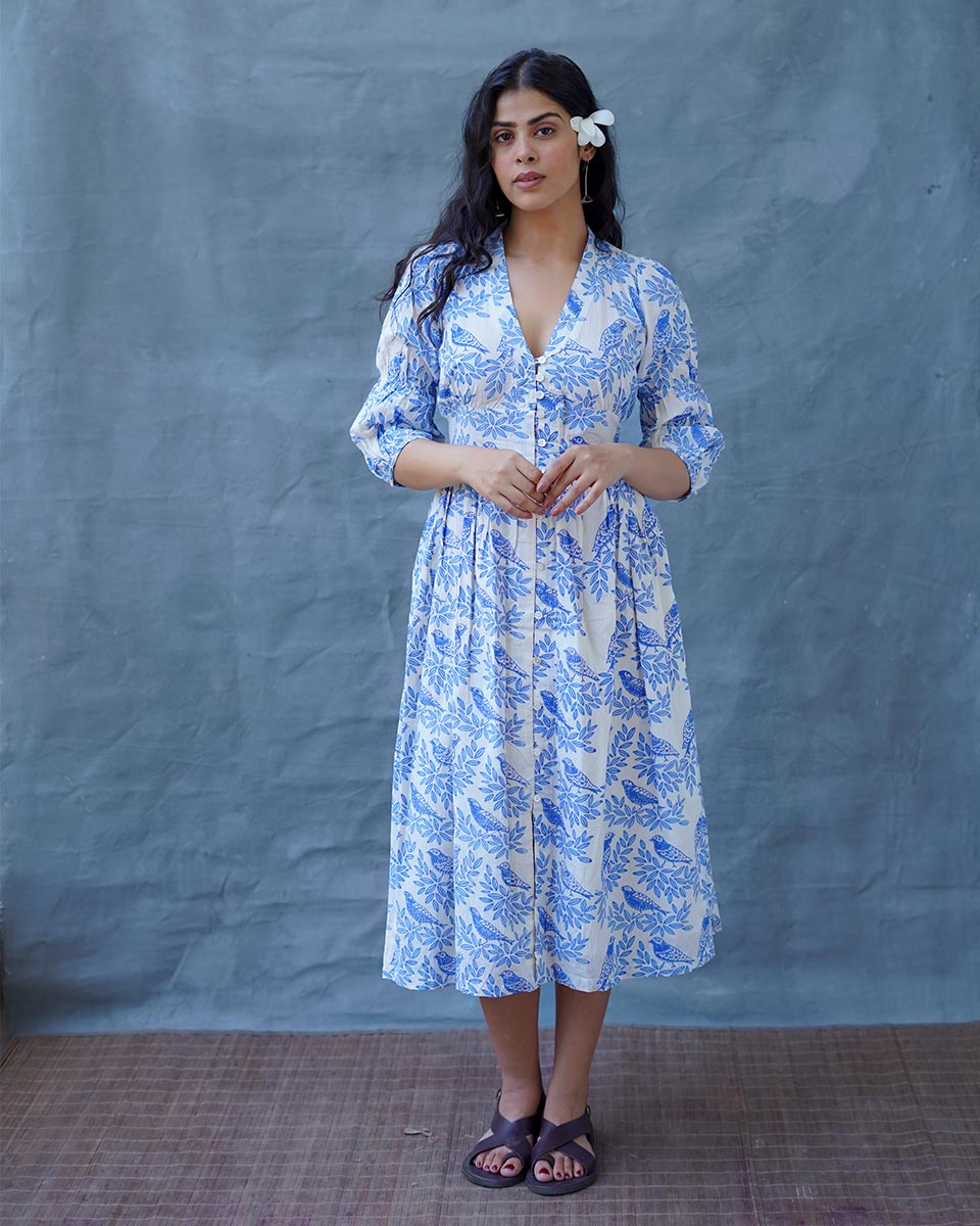 Neyra Ivory Blue Hand Block Printed Dress-BAD