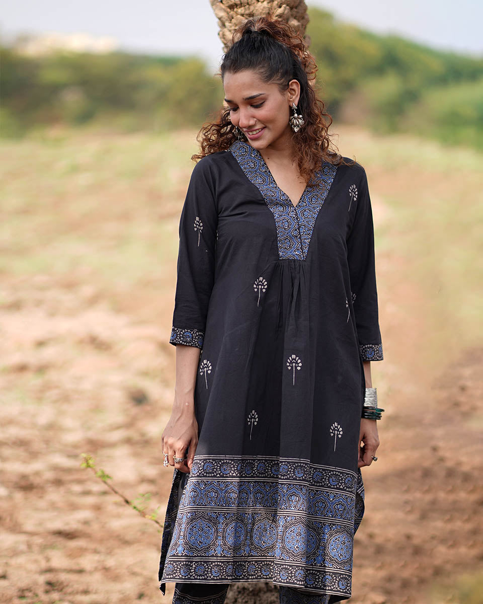 Twilight Petals Blockprinted Cotton Kurta Set-WWB