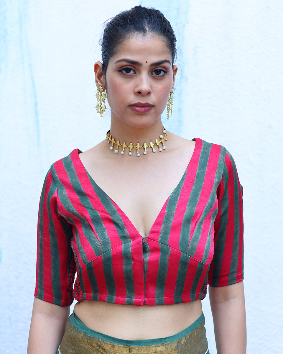 Tajalli Red With Green Handblock Print Mashru Silk Blouse - RSH