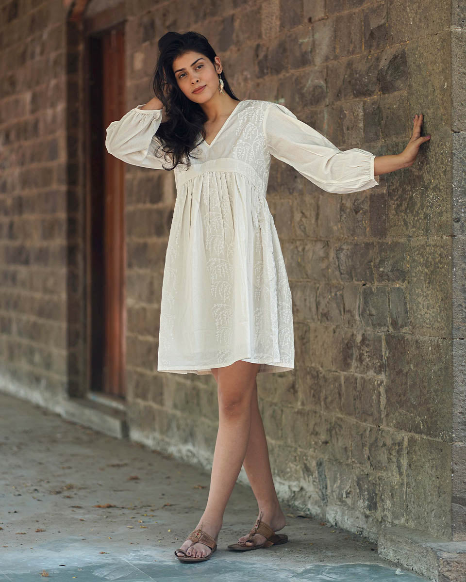 Mist on Marble Ivory Block Printed Dress - SFD