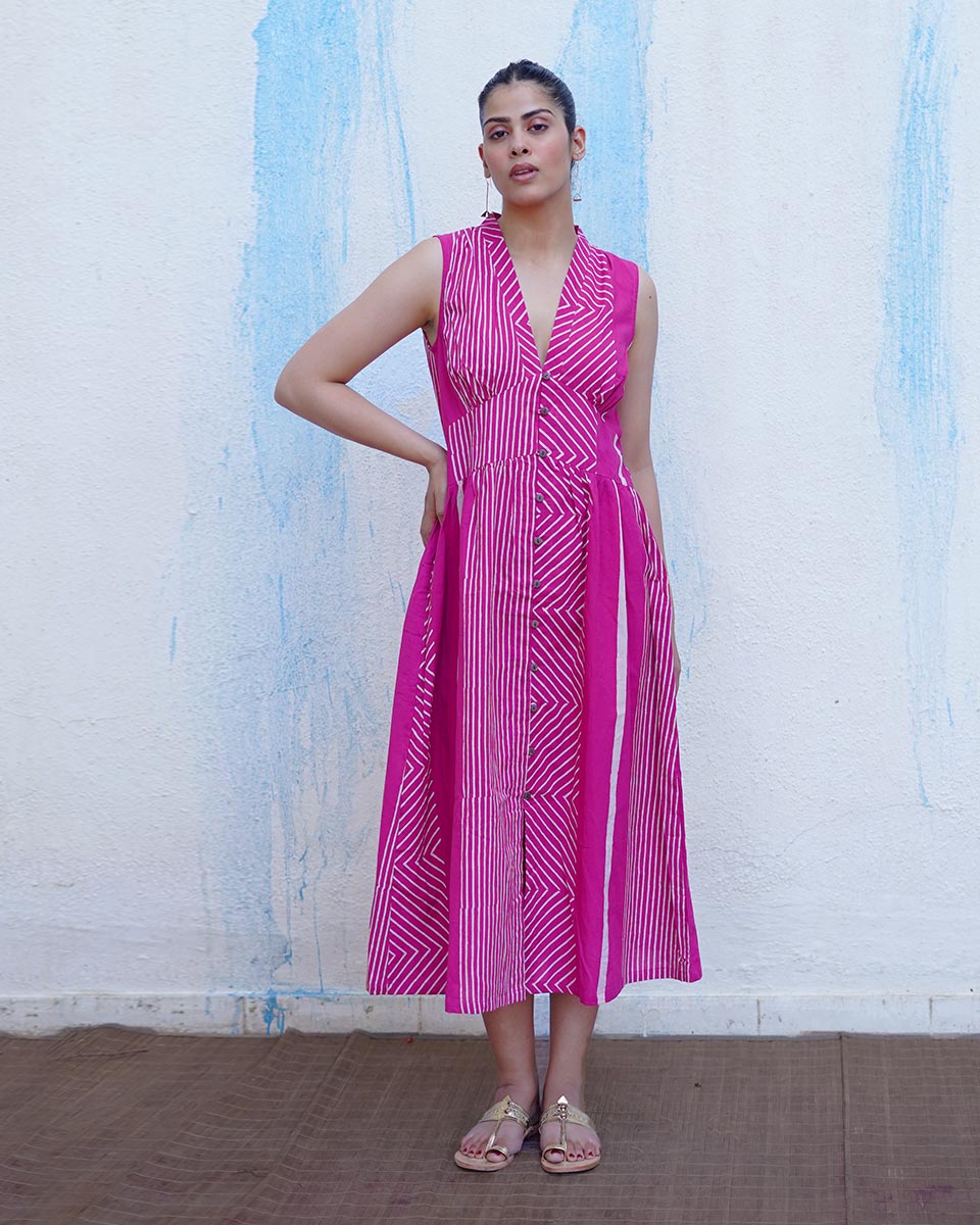 Chulbuli Pink Handblock Print Cotton Dress - BFG