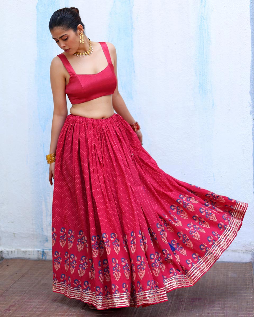 Chamak Pink Handblock Print Cotton Ghagra - RSH