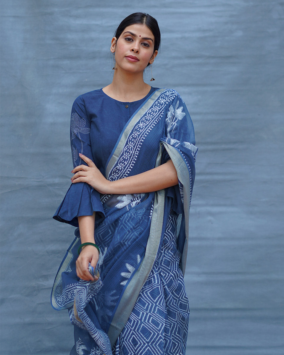 Midnight Sky Blue Block Printed Kota Doria Saree - INDI