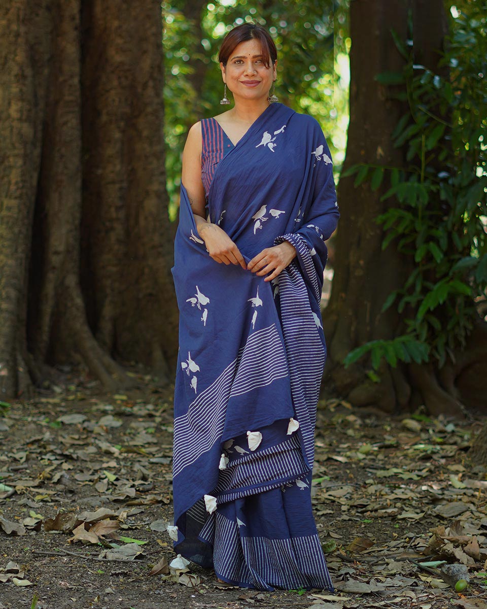 Mehekti Khushboo Blue Hand Block Printed Cotton Saree - UMT