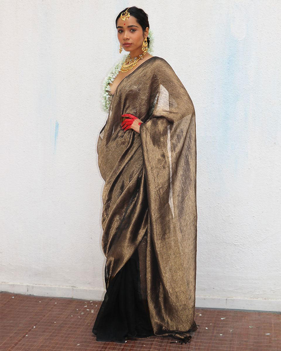 Mrinal Brown Handwoven Linen Zari Saree