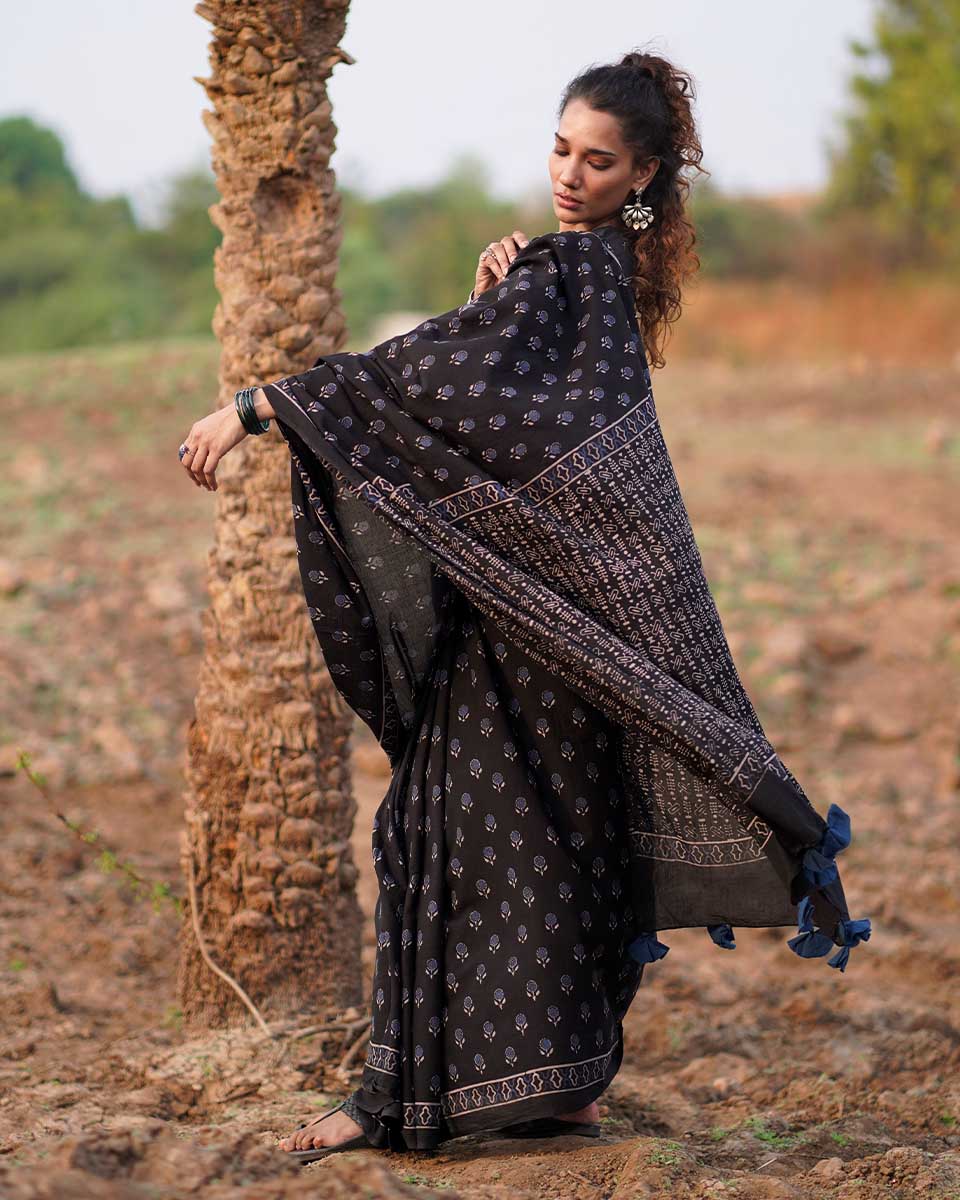 Quiet Shore Blockprinted Cotton Saree-WWB