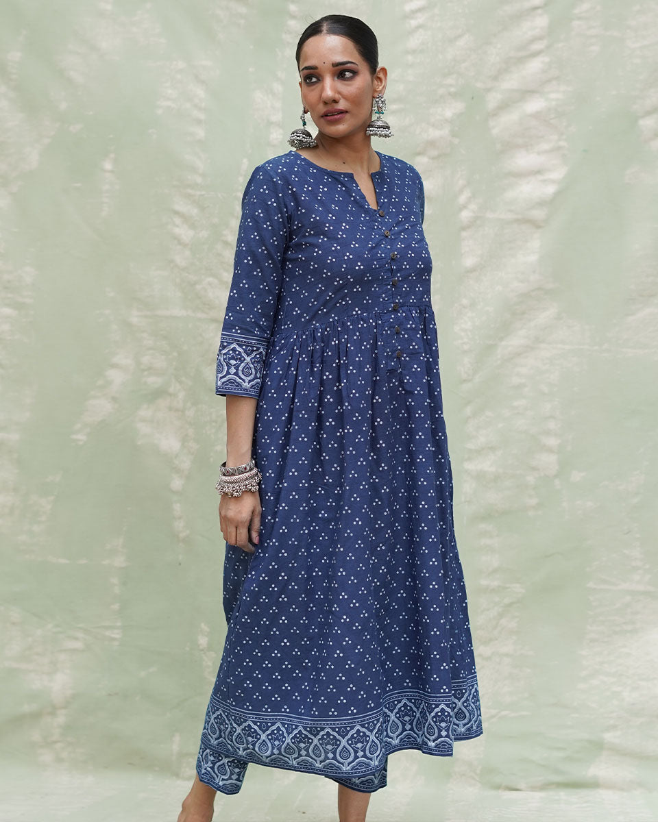 Jogi Blue Handblock Print Cotton Kurta Set - INDI