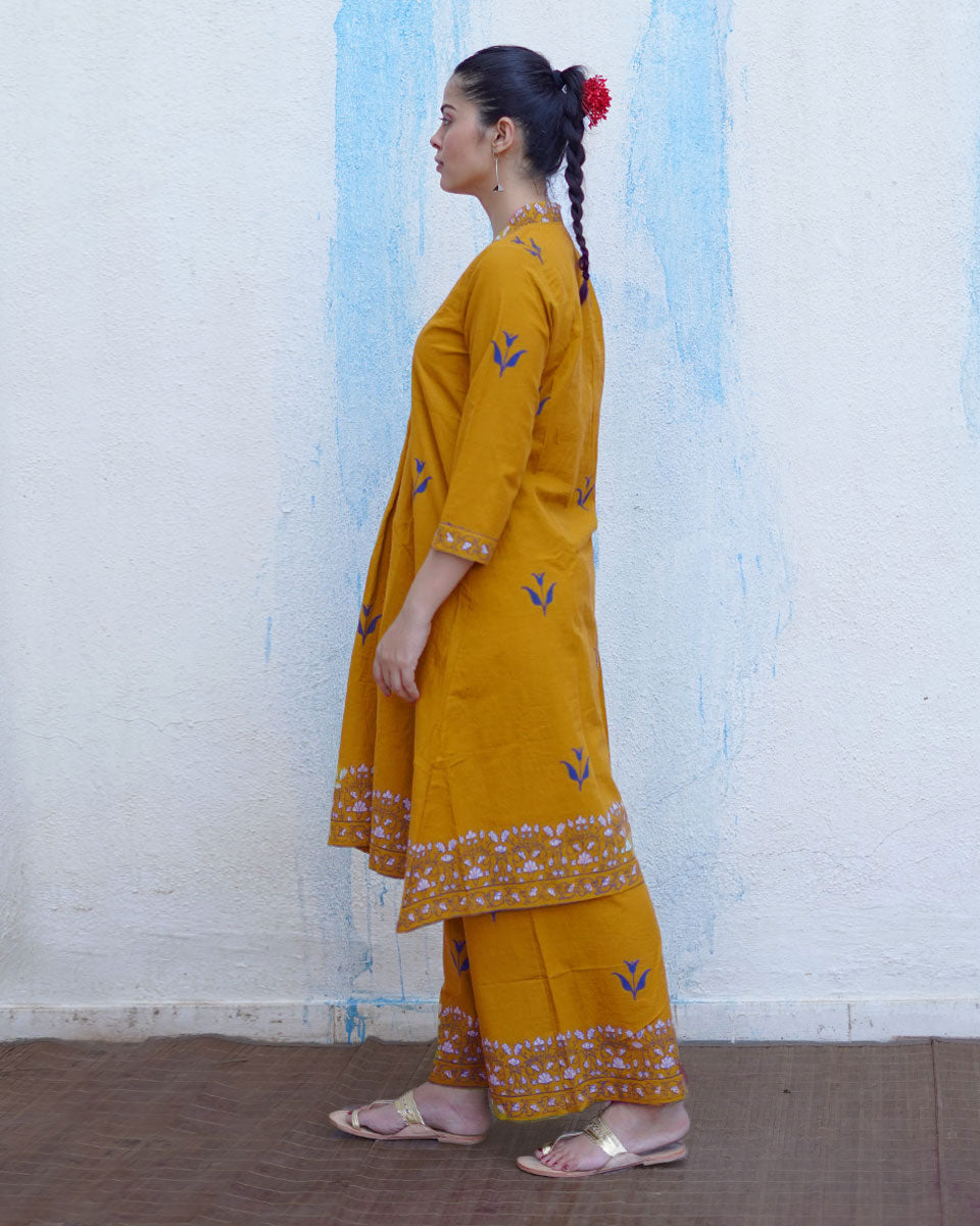 Rangeeli Mustard Yellow Handblock Print Cotton Kurta Set - BFG
