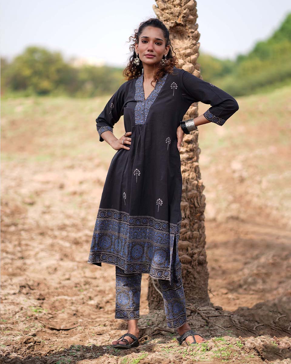 Twilight Petals Blockprinted Cotton Kurta Set-WWB