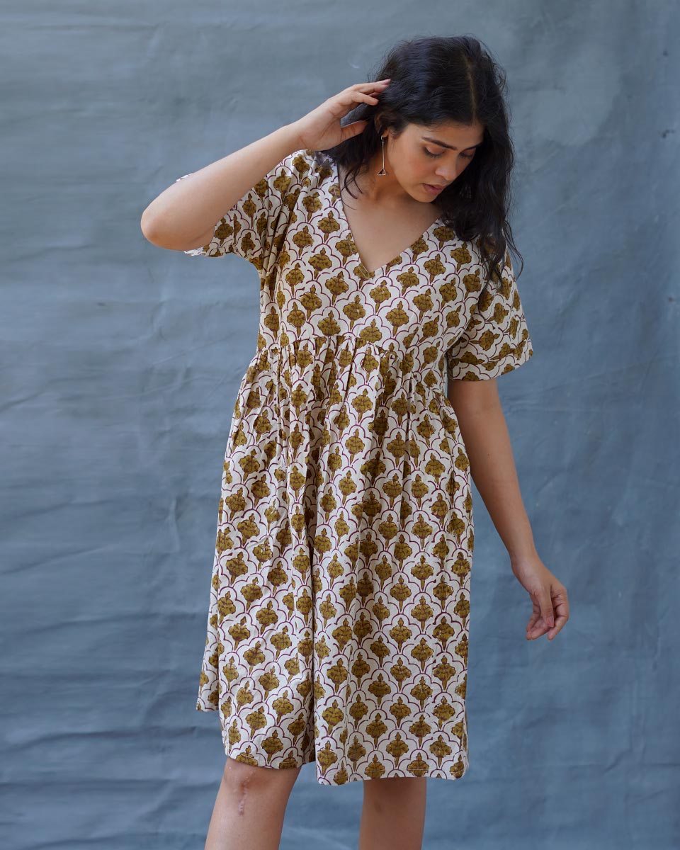 Tu Dilruba Ivory Block Printed Cotton Dress - WW
