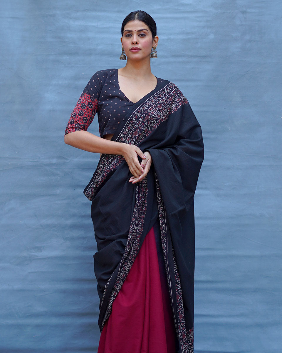 Binodini Black With Maroon Handblock Printed Cotton Saree - Soil