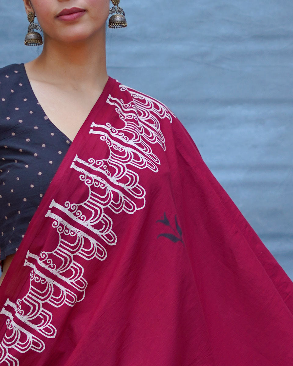 Damini Maroon With Black Handblock Printed Cotton Saree - Soil