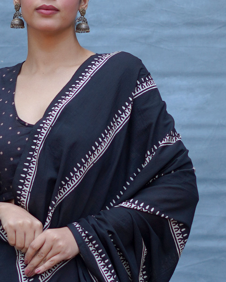 Mrinal Black With Maroon Handblock Printed Cotton Saree - Soil