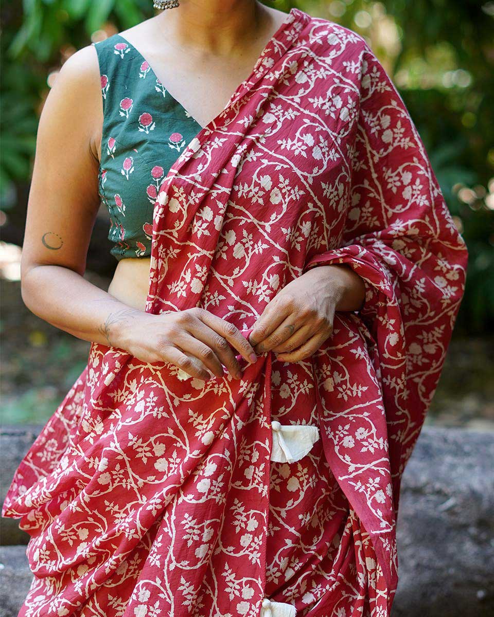 Summer At Nani’s Rust Red Hand Block Printed Cotton Saree - UMT