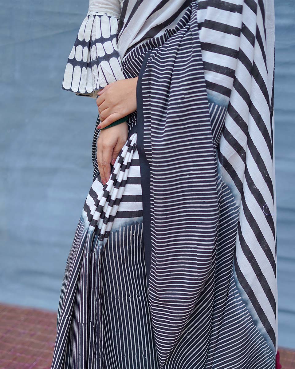 Black or White Handblock Print Cotton Saree - M&M