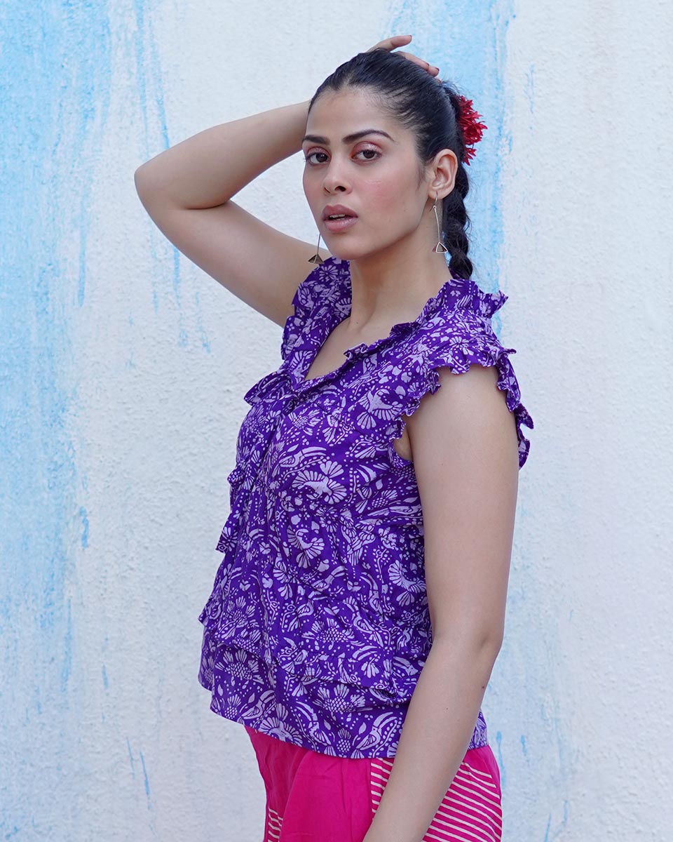 Phulwa Purple Handblock Print Cotton Top - BFG