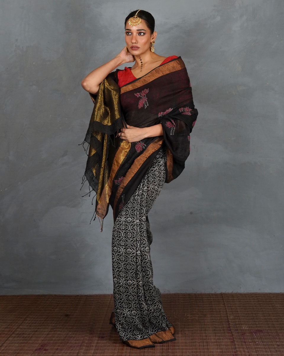 Tejasvi Black Handblock Linen Saree - TARA