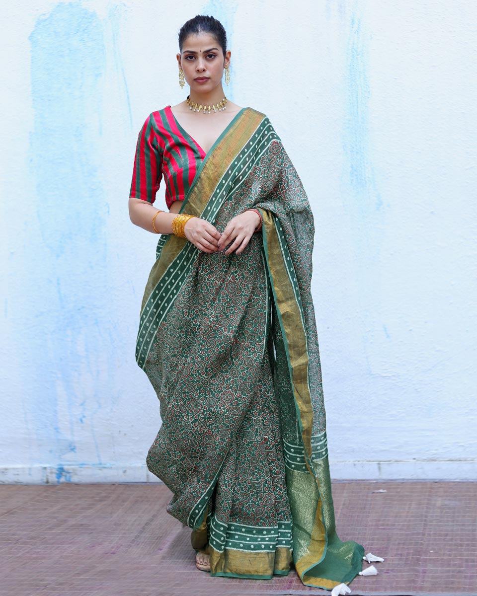 Deepti Green Handblock Print Linen Saree - RSH