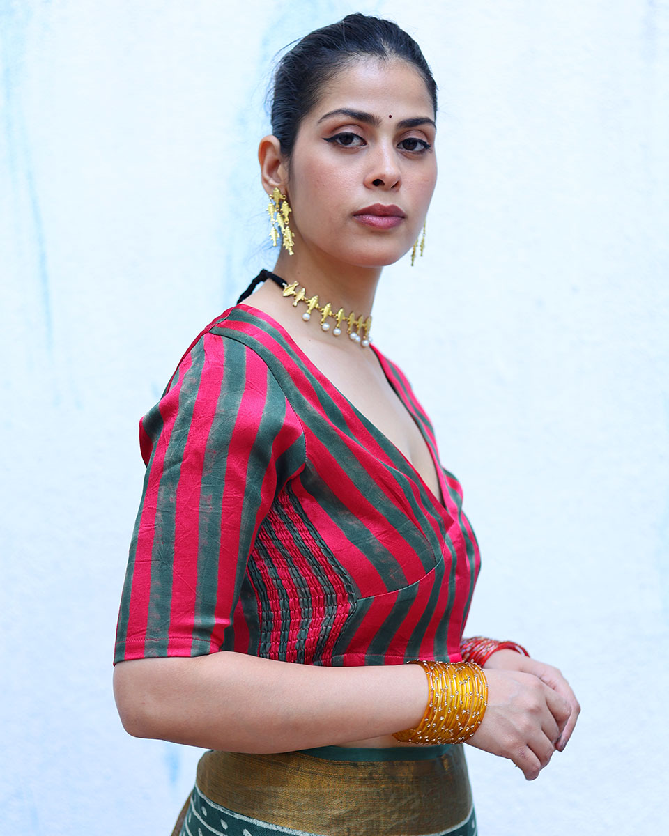 Tajalli Red With Green Handblock Print Mashru Silk Blouse - RSH