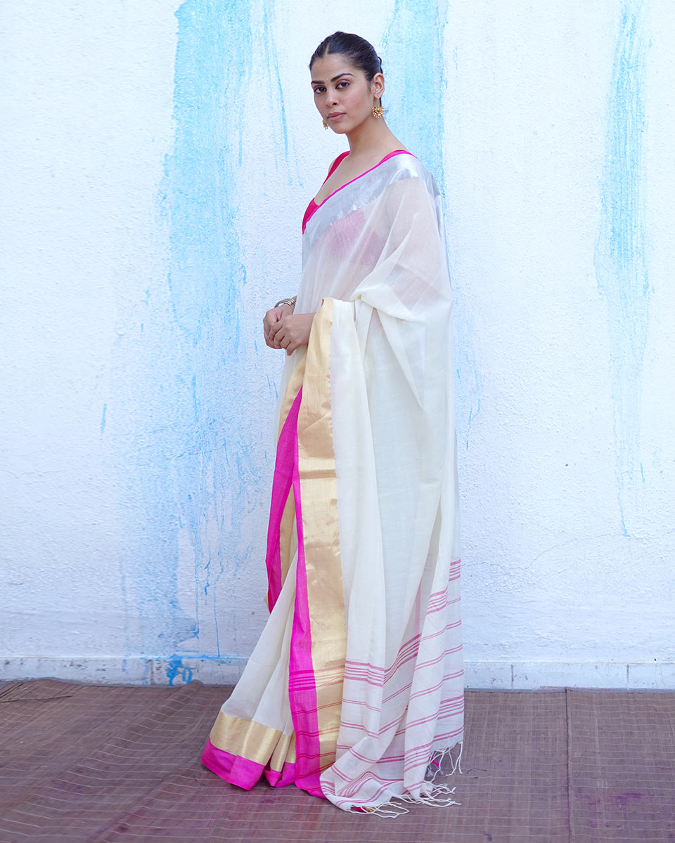 Hera Ivory White Handwoven Cotton Saree - NTC