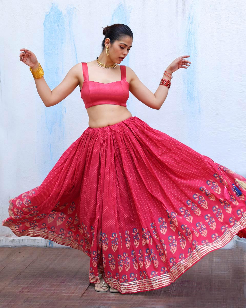 Chamak Pink Handblock Print Cotton Ghagra - RSH